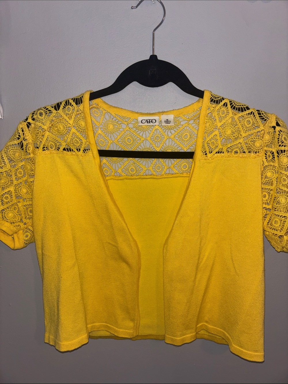 Cato Yellow Crochet-Sleeve Open Front Crop Top